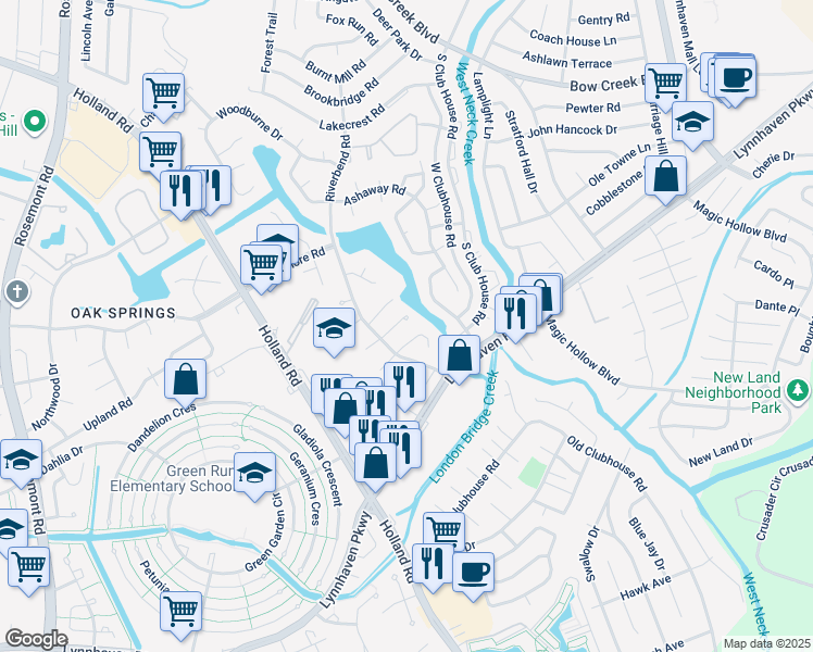 map of restaurants, bars, coffee shops, grocery stores, and more near 3209 Turtle Rock Drive in Virginia Beach