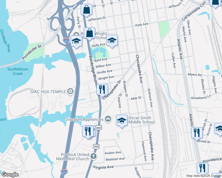 map of restaurants, bars, coffee shops, grocery stores, and more near 898 Post Avenue in Chesapeake