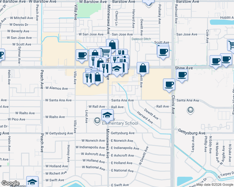map of restaurants, bars, coffee shops, grocery stores, and more near 128 Alamos Avenue in Clovis