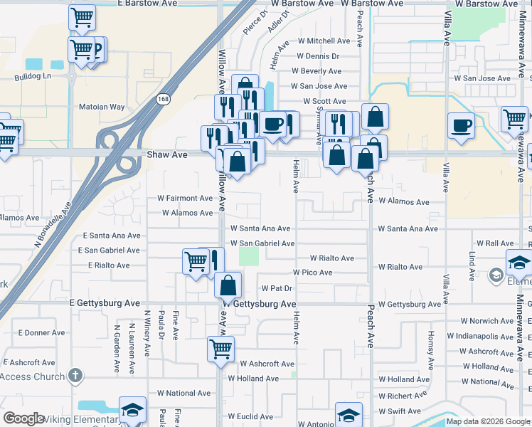map of restaurants, bars, coffee shops, grocery stores, and more near 2370 Helm Avenue in Clovis