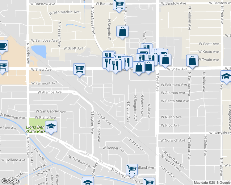 map of restaurants, bars, coffee shops, grocery stores, and more near 4906 North Sequoia Drive in Fresno