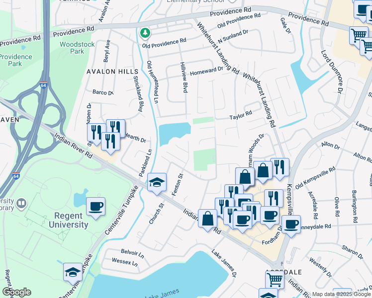 map of restaurants, bars, coffee shops, grocery stores, and more near 5504 Samuelson Court in Virginia Beach