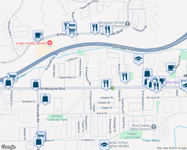 map of restaurants, bars, coffee shops, grocery stores, and more near 100 North Grapevine Road in Mesquite