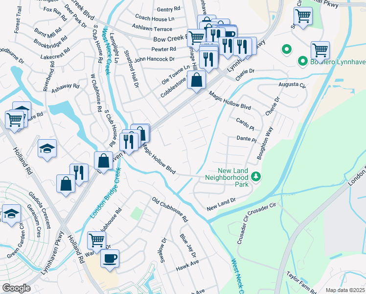 map of restaurants, bars, coffee shops, grocery stores, and more near 3100 Bracken Court in Virginia Beach