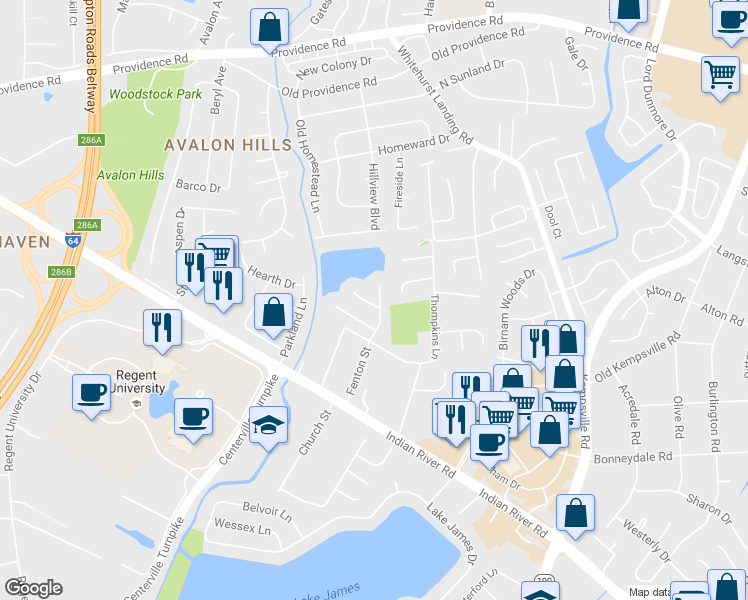 map of restaurants, bars, coffee shops, grocery stores, and more near 5504 Samuelson Court in Virginia Beach