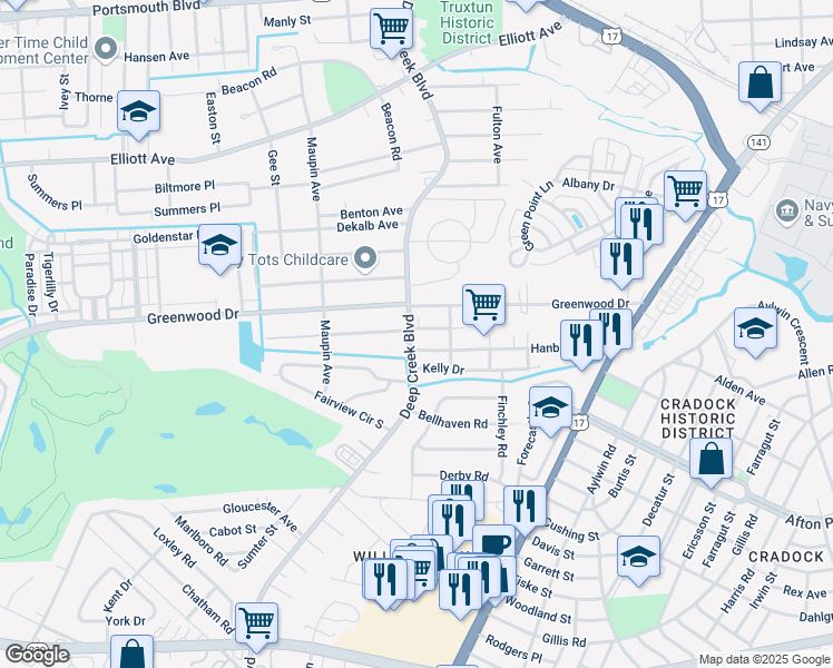 map of restaurants, bars, coffee shops, grocery stores, and more near 4017 Deep Creek Boulevard in Portsmouth