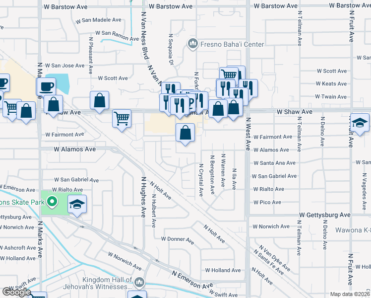 map of restaurants, bars, coffee shops, grocery stores, and more near 4908 North Sequoia Drive in Fresno