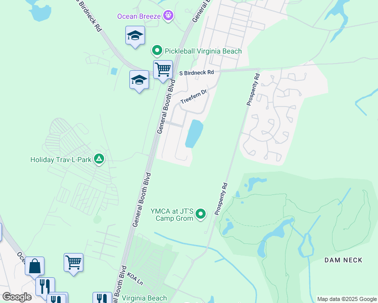 map of restaurants, bars, coffee shops, grocery stores, and more near 1220 Birdneck Lake Drive in Virginia Beach