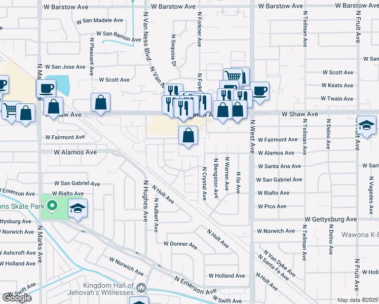 map of restaurants, bars, coffee shops, grocery stores, and more near 4908 North Sequoia Drive in Fresno