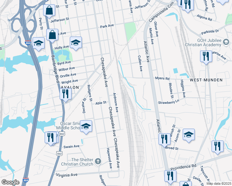 map of restaurants, bars, coffee shops, grocery stores, and more near 2013 Ardmore Avenue in Chesapeake