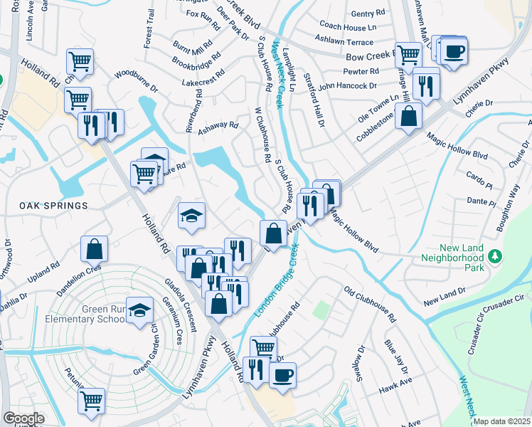 map of restaurants, bars, coffee shops, grocery stores, and more near 952 Fern Ridge Road in Virginia Beach