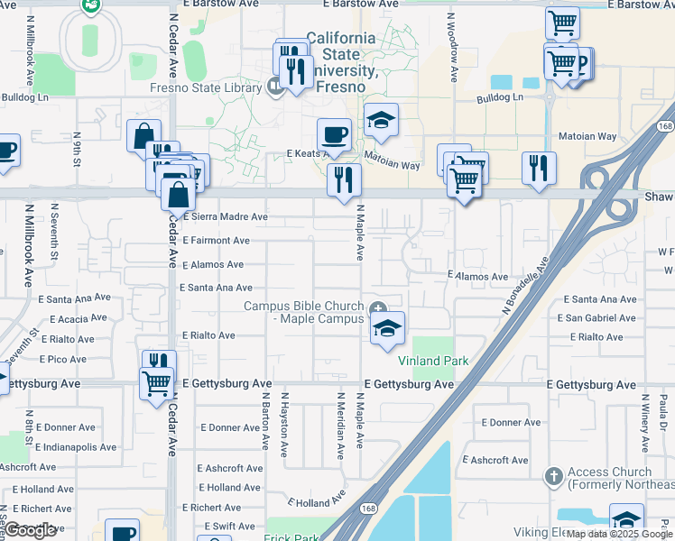 map of restaurants, bars, coffee shops, grocery stores, and more near 4576 East Alamos Avenue in Fresno