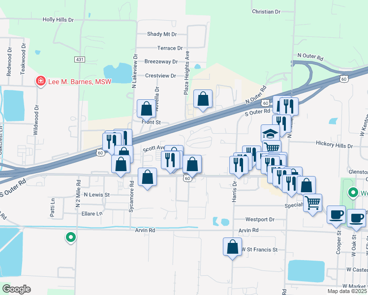 map of restaurants, bars, coffee shops, grocery stores, and more near 1111 Hickory Log Drive in Dexter
