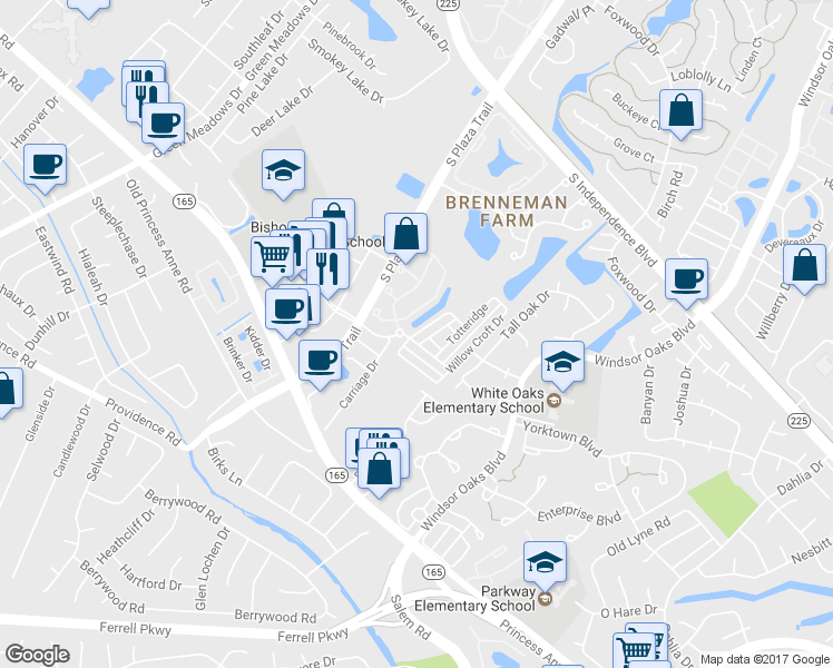 map of restaurants, bars, coffee shops, grocery stores, and more near 5547 Botany Park Drive in Virginia Beach