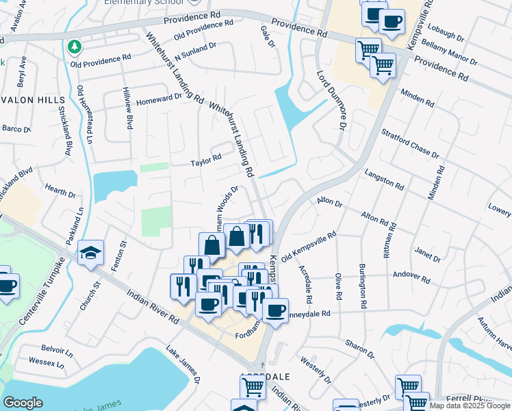 map of restaurants, bars, coffee shops, grocery stores, and more near 1105 Mecklen Lane in Virginia Beach