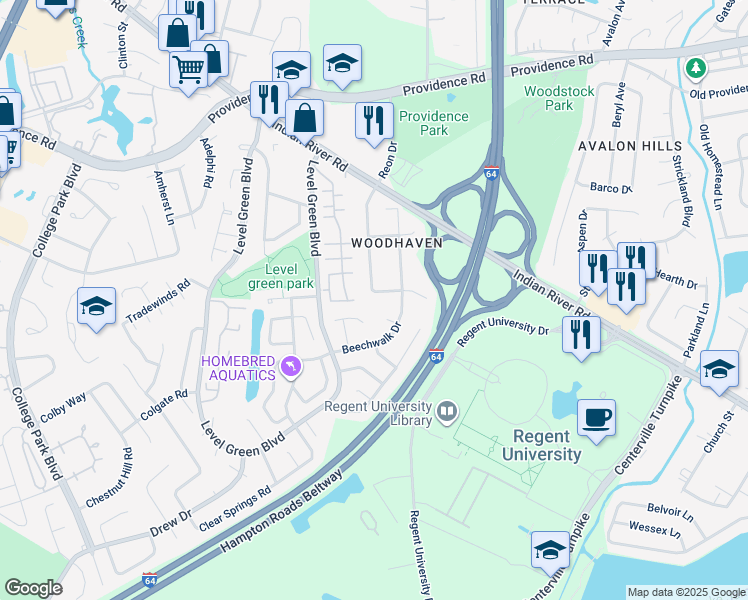 map of restaurants, bars, coffee shops, grocery stores, and more near 1073 Reon Drive in Virginia Beach