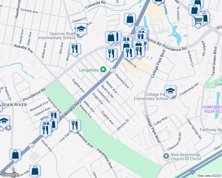map of restaurants, bars, coffee shops, grocery stores, and more near 1937 Weber Avenue in Chesapeake