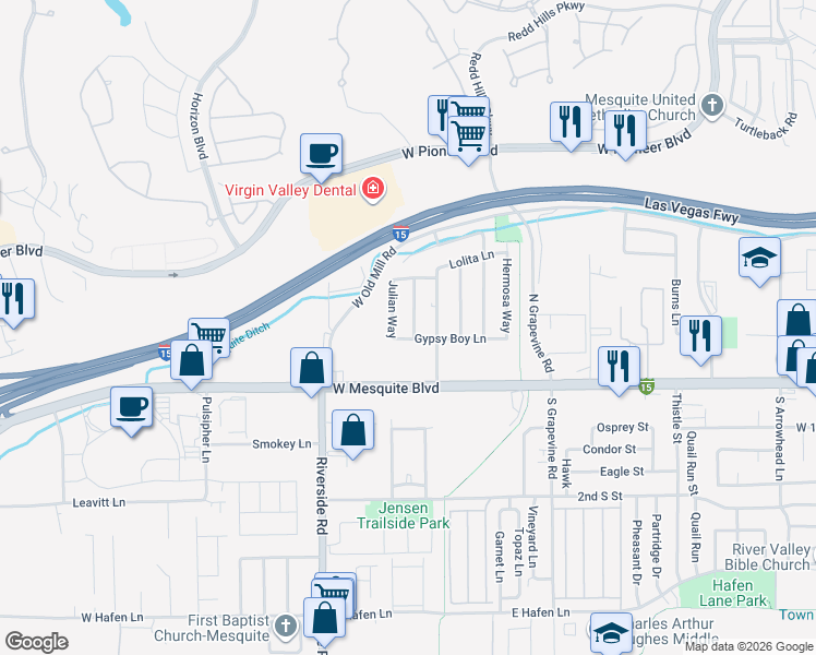 map of restaurants, bars, coffee shops, grocery stores, and more near 133 Emtly Way in Mesquite