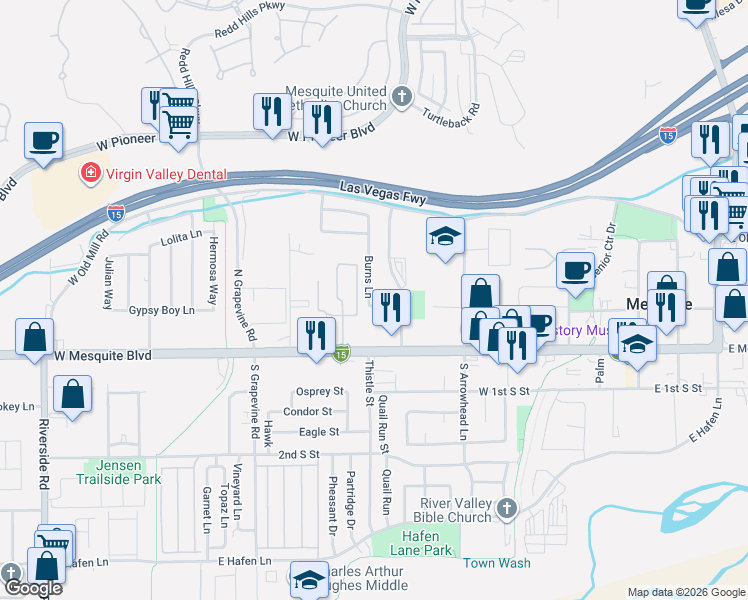 map of restaurants, bars, coffee shops, grocery stores, and more near 142 Burns Ln in Mesquite