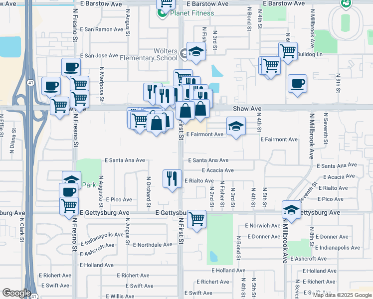 map of restaurants, bars, coffee shops, grocery stores, and more near 104 East Santa Ana Avenue in Fresno