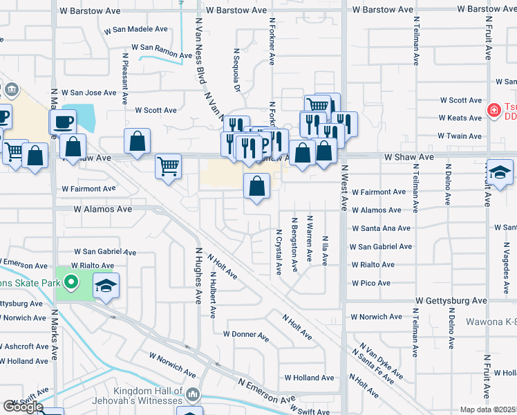 map of restaurants, bars, coffee shops, grocery stores, and more near 4908 North Sequoia Drive in Fresno
