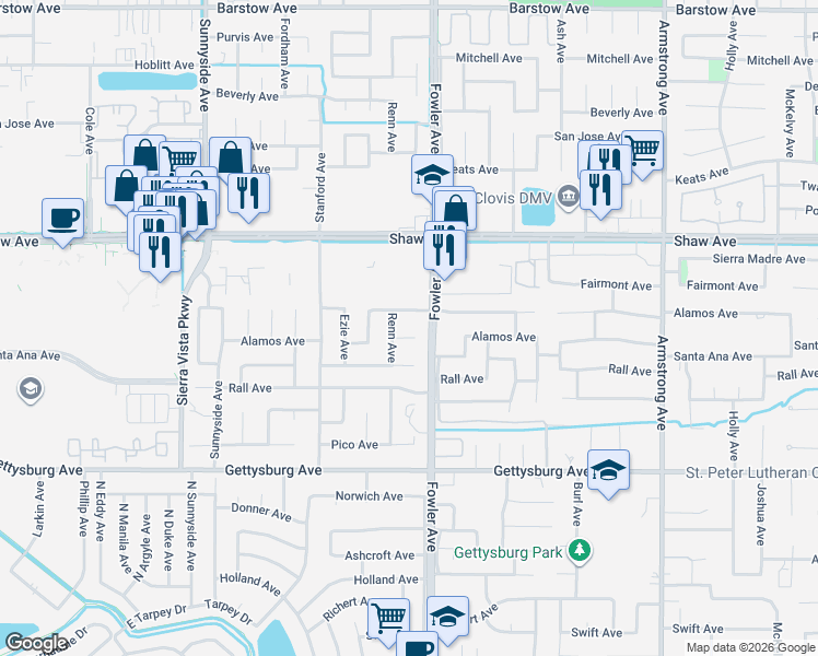 map of restaurants, bars, coffee shops, grocery stores, and more near 1727 Alamos Avenue in Clovis