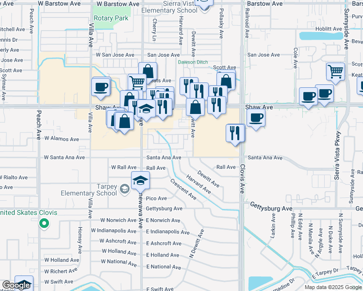 map of restaurants, bars, coffee shops, grocery stores, and more near 240 Alamos Avenue in Clovis