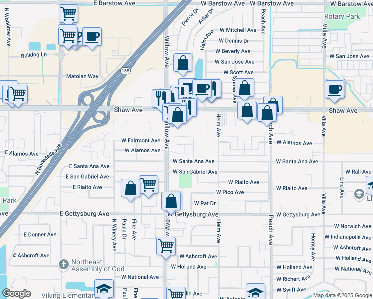 map of restaurants, bars, coffee shops, grocery stores, and more near 685 West Santa Ana Avenue in Clovis
