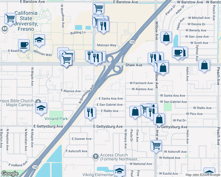 map of restaurants, bars, coffee shops, grocery stores, and more near 4853 North Winery Circle in Fresno