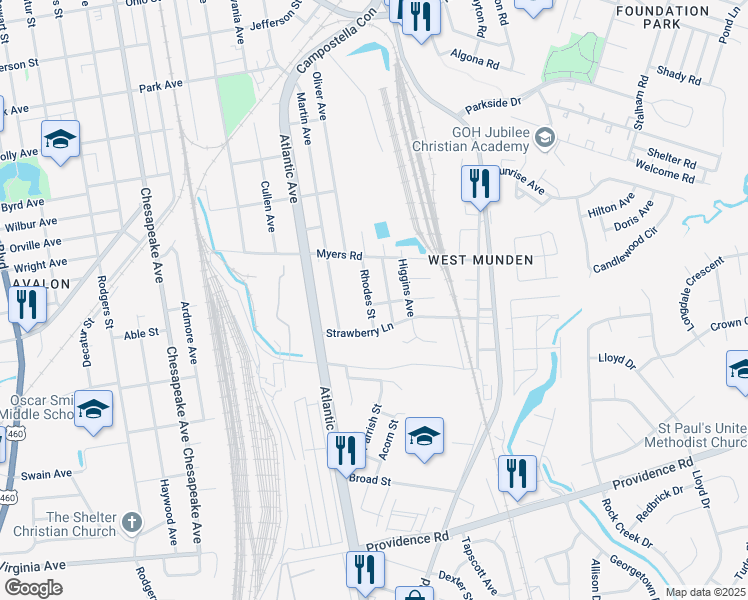 map of restaurants, bars, coffee shops, grocery stores, and more near 1632 Rhodes Street in Chesapeake