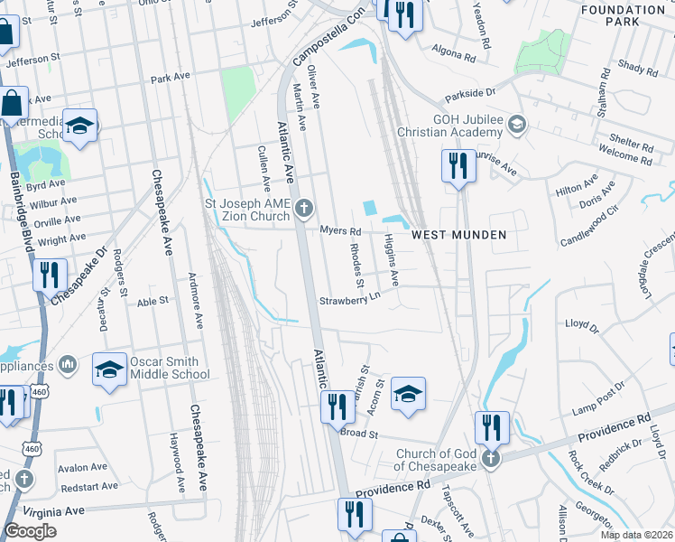 map of restaurants, bars, coffee shops, grocery stores, and more near 1632 Rhodes Street in Chesapeake