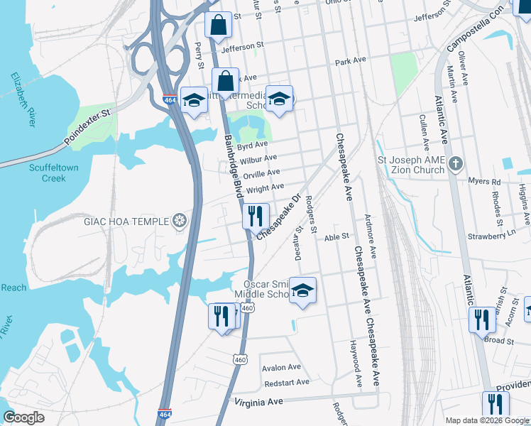 map of restaurants, bars, coffee shops, grocery stores, and more near 2000 Chesapeake Drive in Chesapeake