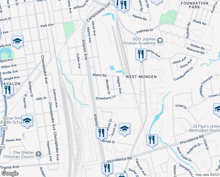 map of restaurants, bars, coffee shops, grocery stores, and more near 1632 Rhodes Street in Chesapeake