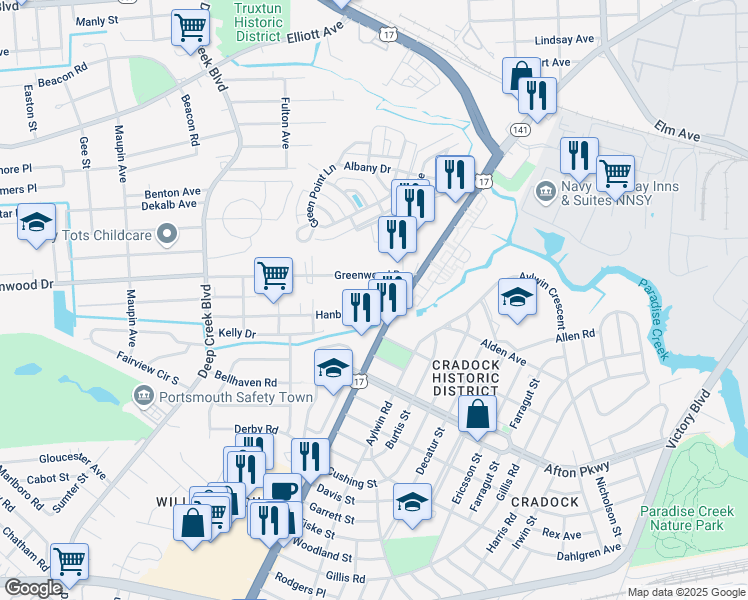 map of restaurants, bars, coffee shops, grocery stores, and more near 408 Hanbury Avenue in Portsmouth
