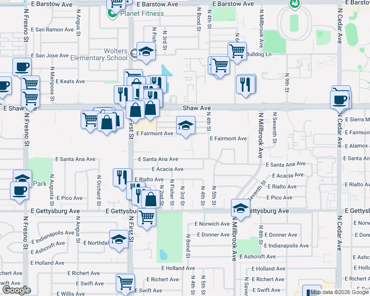 map of restaurants, bars, coffee shops, grocery stores, and more near 3232 East Fairmont Avenue in Fresno
