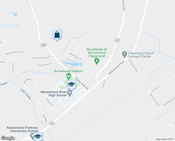 map of restaurants, bars, coffee shops, grocery stores, and more near 119 Sandy Lake Drive in Suffolk