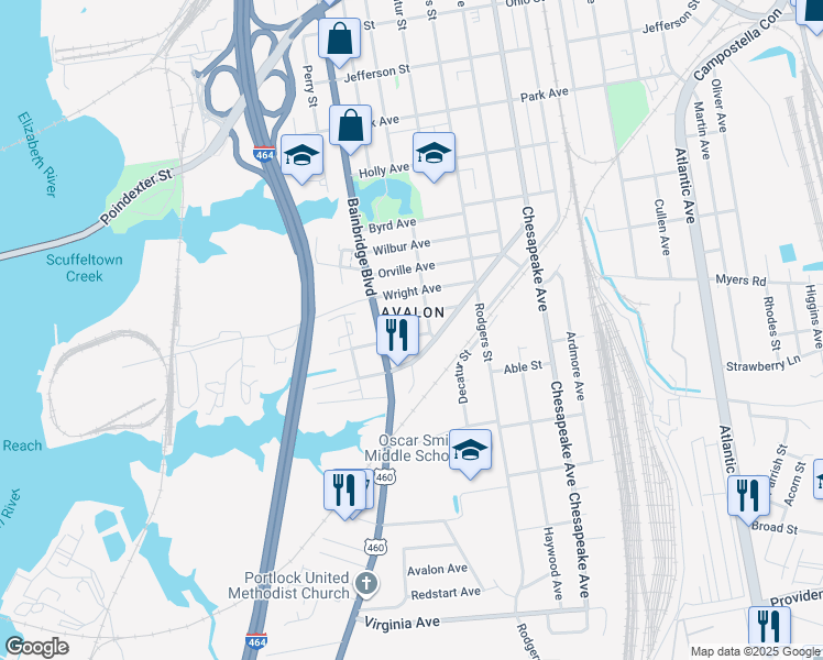 map of restaurants, bars, coffee shops, grocery stores, and more near 2000 Chesapeake Drive in Chesapeake