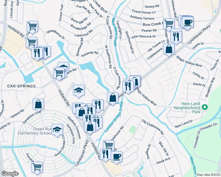 map of restaurants, bars, coffee shops, grocery stores, and more near 952 Fern Ridge Road in Virginia Beach