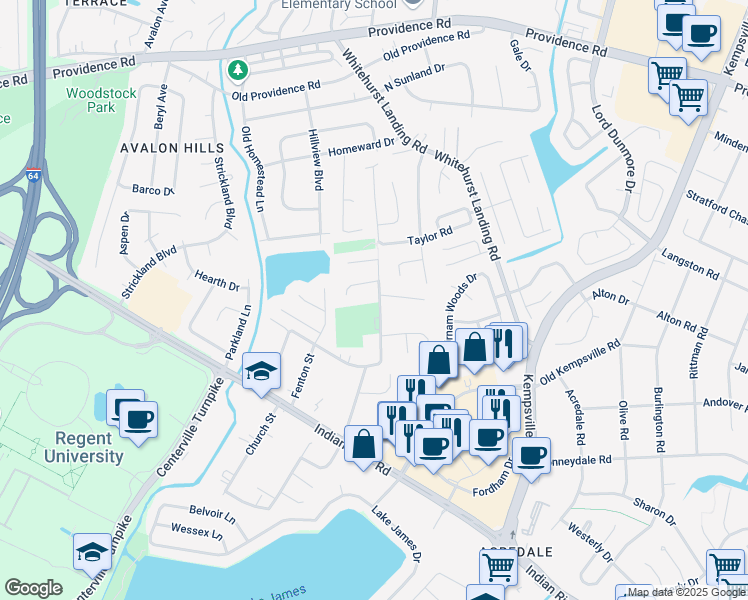 map of restaurants, bars, coffee shops, grocery stores, and more near 1099 Thompkins Lane in Virginia Beach