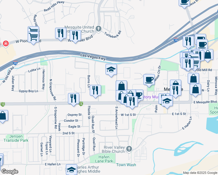 map of restaurants, bars, coffee shops, grocery stores, and more near 129 North Arrowhead Lane in Mesquite