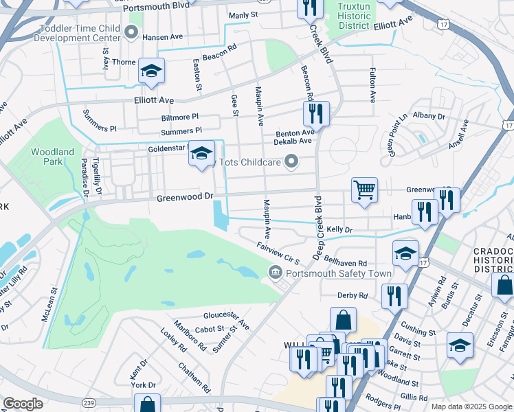 map of restaurants, bars, coffee shops, grocery stores, and more near 2712 Barclay Avenue in Portsmouth