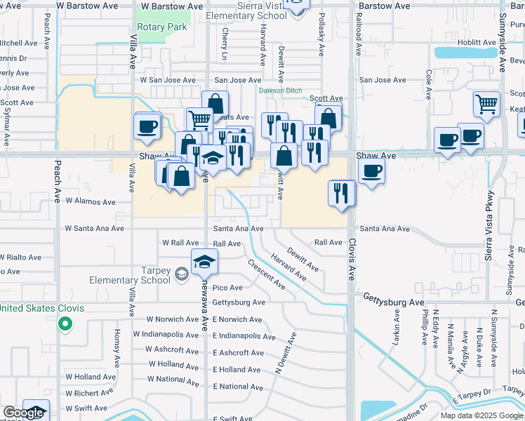 map of restaurants, bars, coffee shops, grocery stores, and more near 256 Alamos Avenue in Clovis