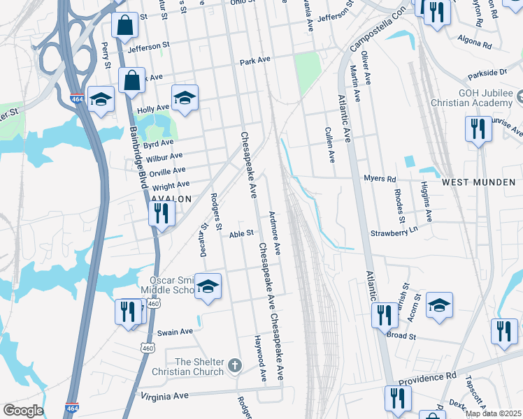 map of restaurants, bars, coffee shops, grocery stores, and more near 2013 Ardmore Avenue in Chesapeake