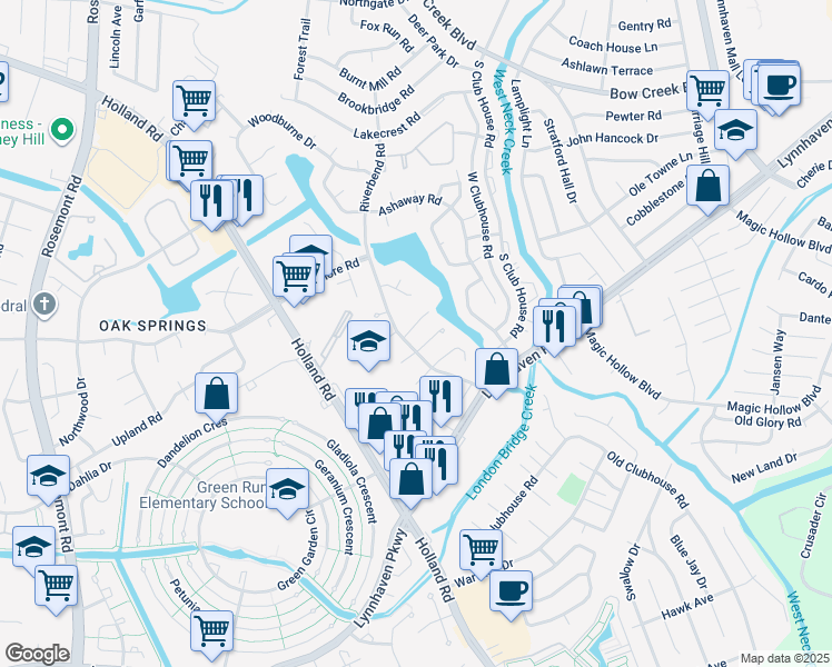 map of restaurants, bars, coffee shops, grocery stores, and more near 3229 Tiverton Drive in Virginia Beach