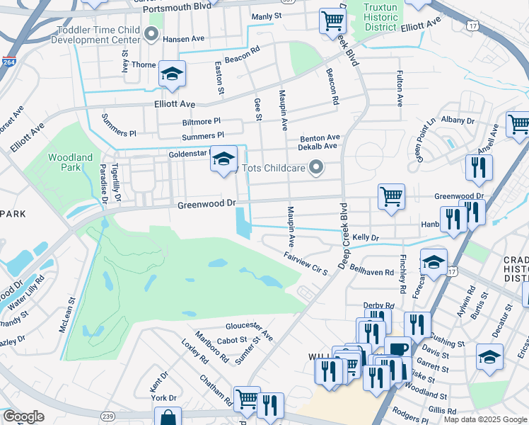 map of restaurants, bars, coffee shops, grocery stores, and more near 2736 Barclay Ave in Portsmouth
