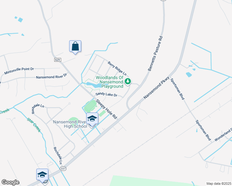 map of restaurants, bars, coffee shops, grocery stores, and more near 119 Sandy Lake Drive in Suffolk
