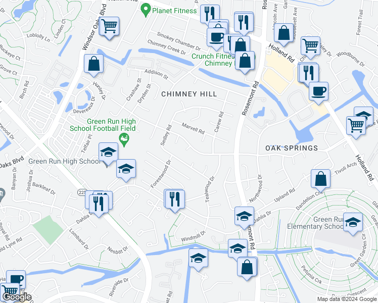 map of restaurants, bars, coffee shops, grocery stores, and more near 902 Donne Court in Virginia Beach