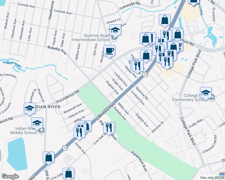 map of restaurants, bars, coffee shops, grocery stores, and more near 1807 English Avenue in Chesapeake