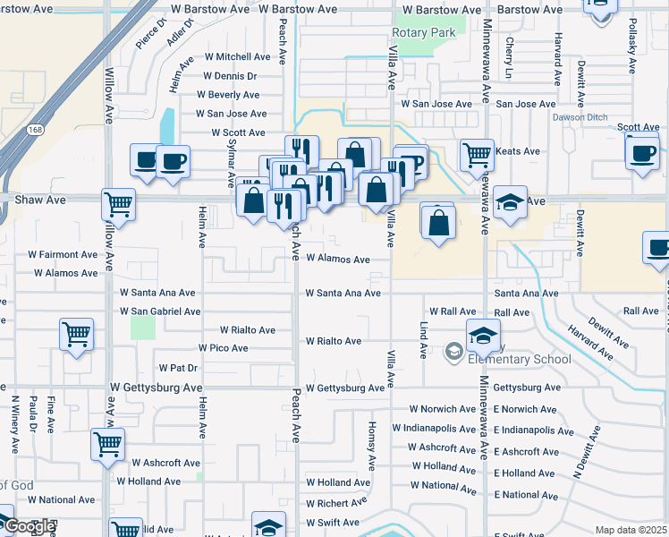 map of restaurants, bars, coffee shops, grocery stores, and more near 289 West Santa Ana Avenue in Clovis