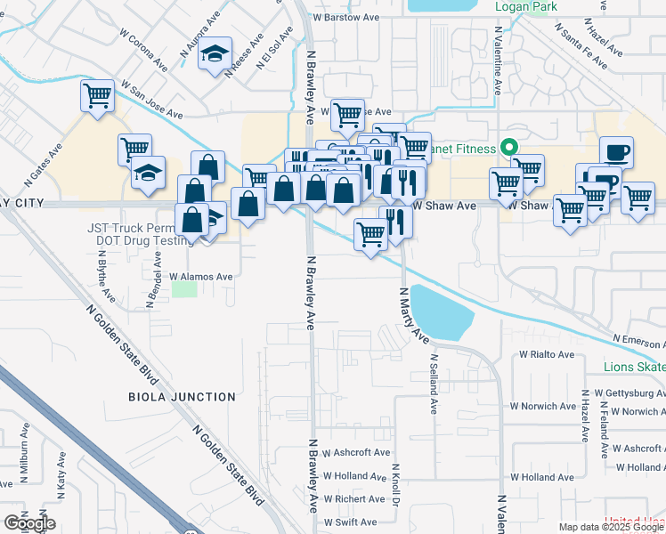 map of restaurants, bars, coffee shops, grocery stores, and more near 4057 W Shaw Ave in Fresno
